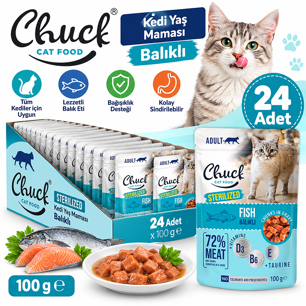 Chuck Kedi Yaş Maması Balıklı 100 GR 24 Adet - 1