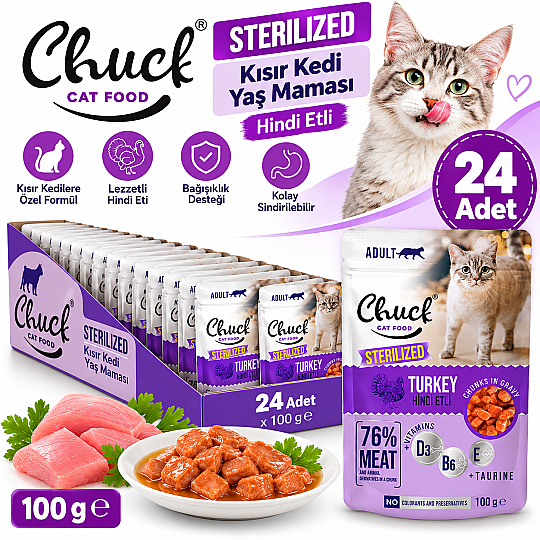 Chuck Kısır Kedi Yaş Maması Hindi Etli 100 GR 24 Adet