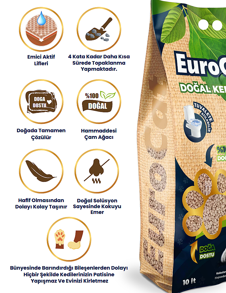 EuroCat Hızlı Topaklaşan Suda Çözülebilen Pelet Doğal Kedi Kumu 10 Lt 3.75 KG - 2