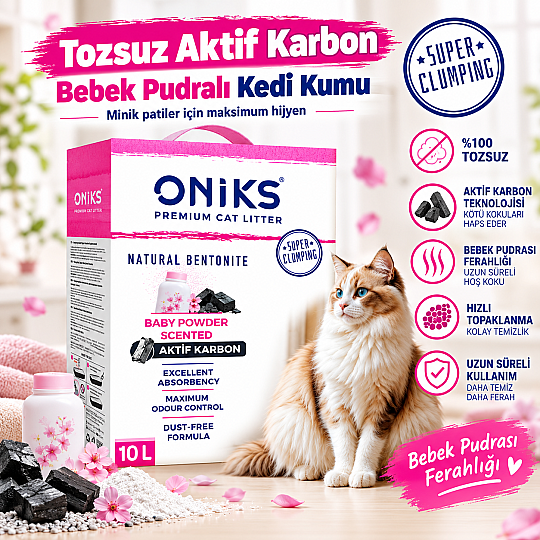 Tozsuz Aktif Karbon Bebek Pudralı Kedi Kumu 10 LT